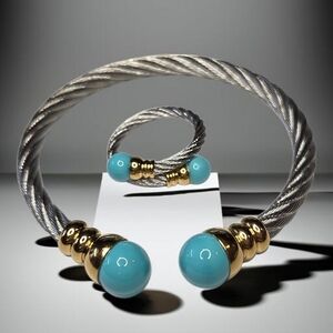 Luxury 18k Gold Plated Stainless Twisted Cable Turquoise Ball Bracelet & Ring